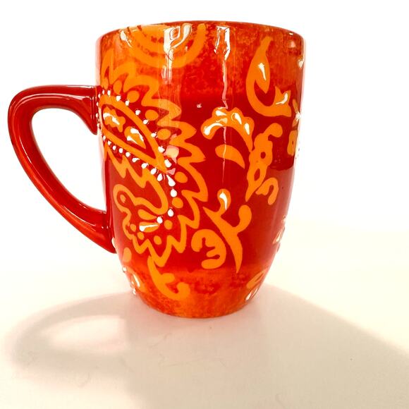 Laurie Gates Orange Hand Painted Paisley Stoneware Mug 14 oz 4.75 Tall - Picture 2 of 5